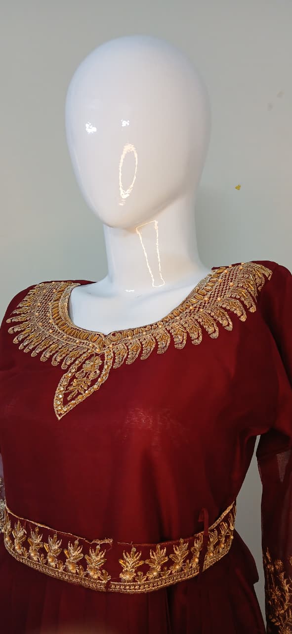 Embroidered Chiffon Stitched 3-Piece Suit Maroon With Belt (FTMM3)