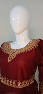 Embroidered Chiffon Stitched 3-Piece Suit Maroon With Belt (FTMM3)