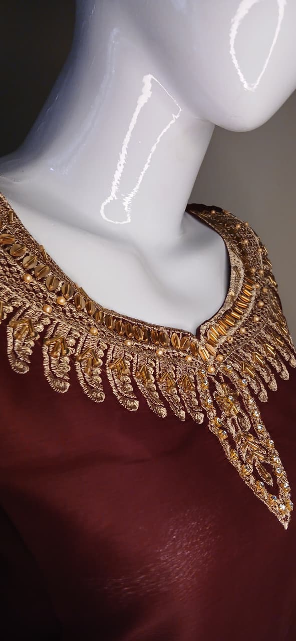 Embroidered Chiffon Stitched 3-Piece Suit Maroon With Belt (FTMM3)