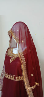 Embroidered Chiffon Stitched 3-Piece Suit Maroon With Belt (FTMM3)