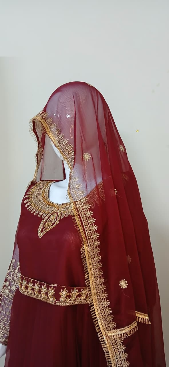 Embroidered Chiffon Stitched 3-Piece Suit Maroon With Belt (FTMM3)