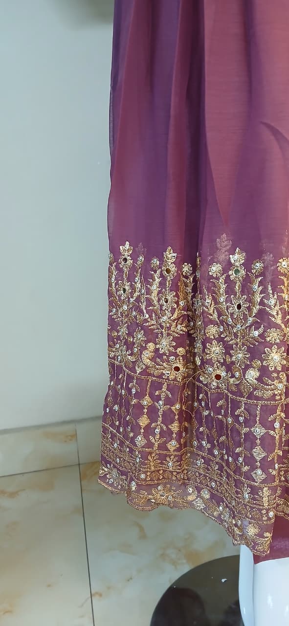 Embroidered Chiffon Stitched 3-Piece Suit Mauve With Belt (FTMMO3)