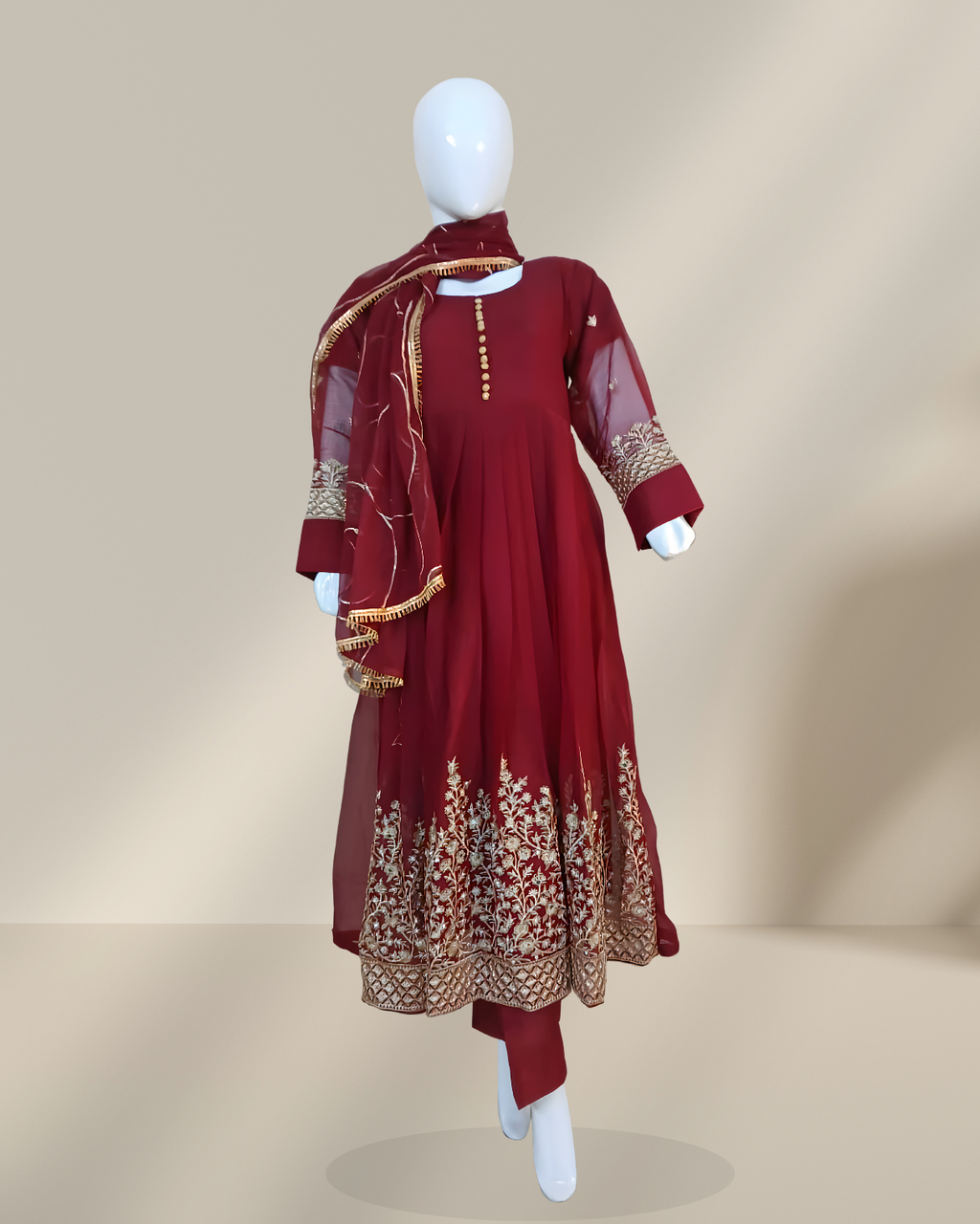 Embroidered Chiffon Stitched 3-Piece Suit (Maroon) – Tilla, Mirror & Moti Work (FTMY3)