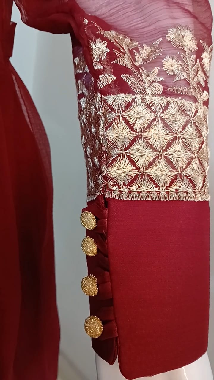 Embroidered Chiffon Stitched 3-Piece Suit Red (FTMR3)