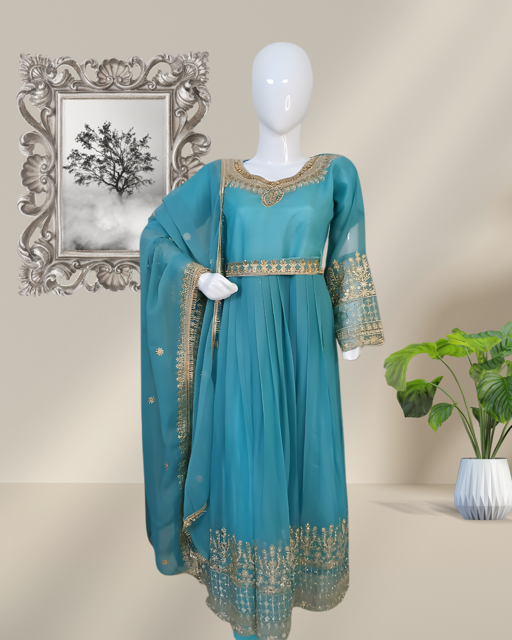 Embroidered Chiffon Stitched 3-Piece Suit (Torquise) – Tilla, Sequencing (FTM3T)