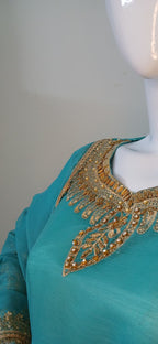 Embroidered Chiffon Stitched 3-Piece Suit Turquoise With Belt (FTMT3)