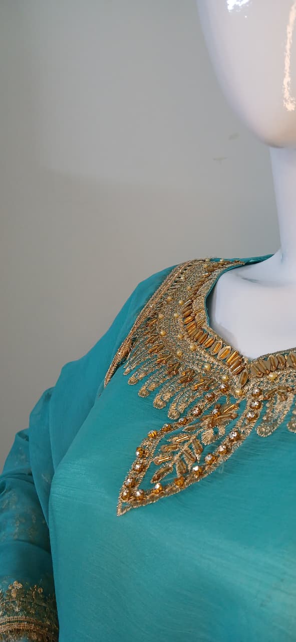 Embroidered Chiffon Stitched 3-Piece Suit Turquoise With Belt (FTMT3)