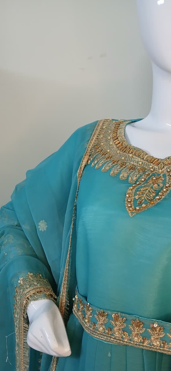 Embroidered Chiffon Stitched 3-Piece Suit Turquoise With Belt (FTMT3)