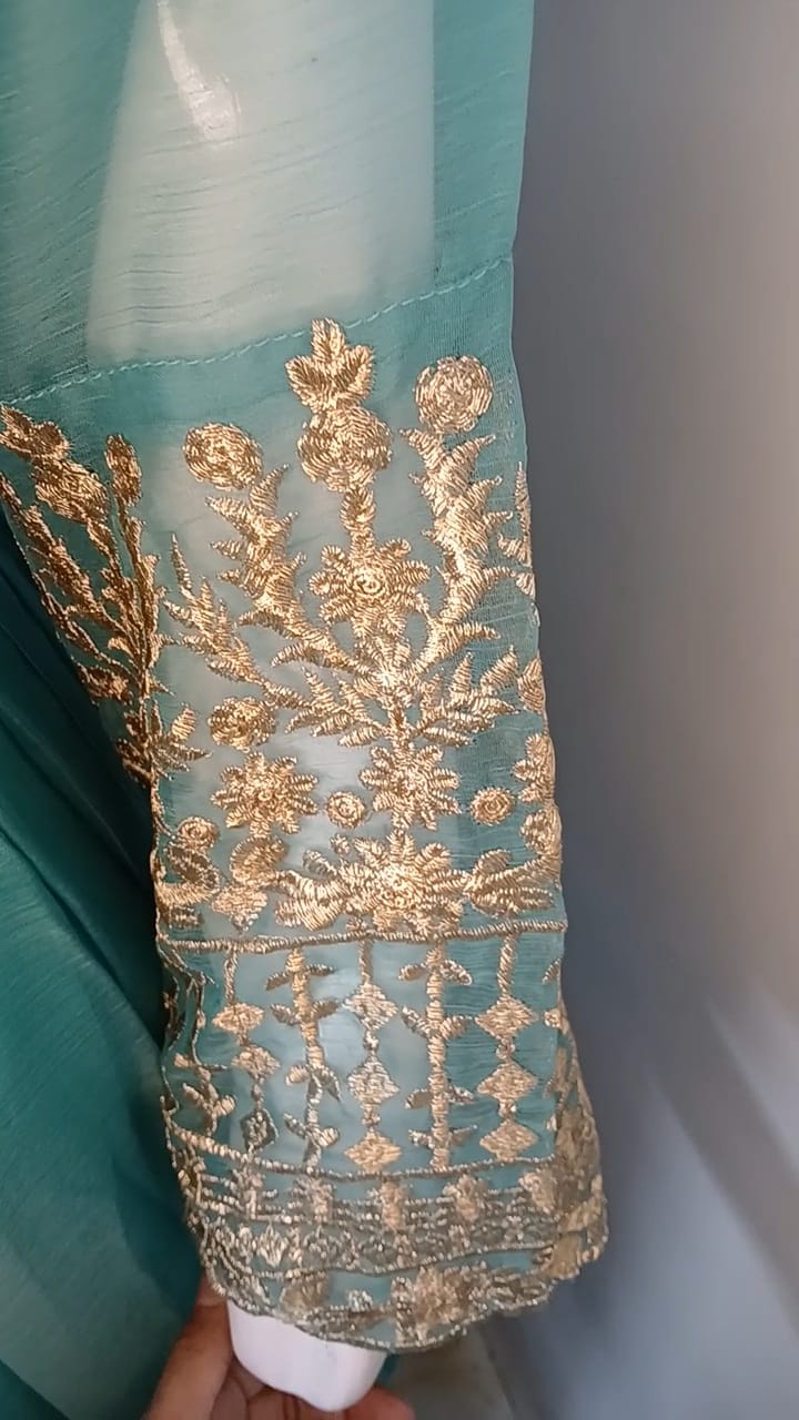 Embroidered Chiffon Stitched 3-Piece Suit Turquoise With Belt (FTMT3)