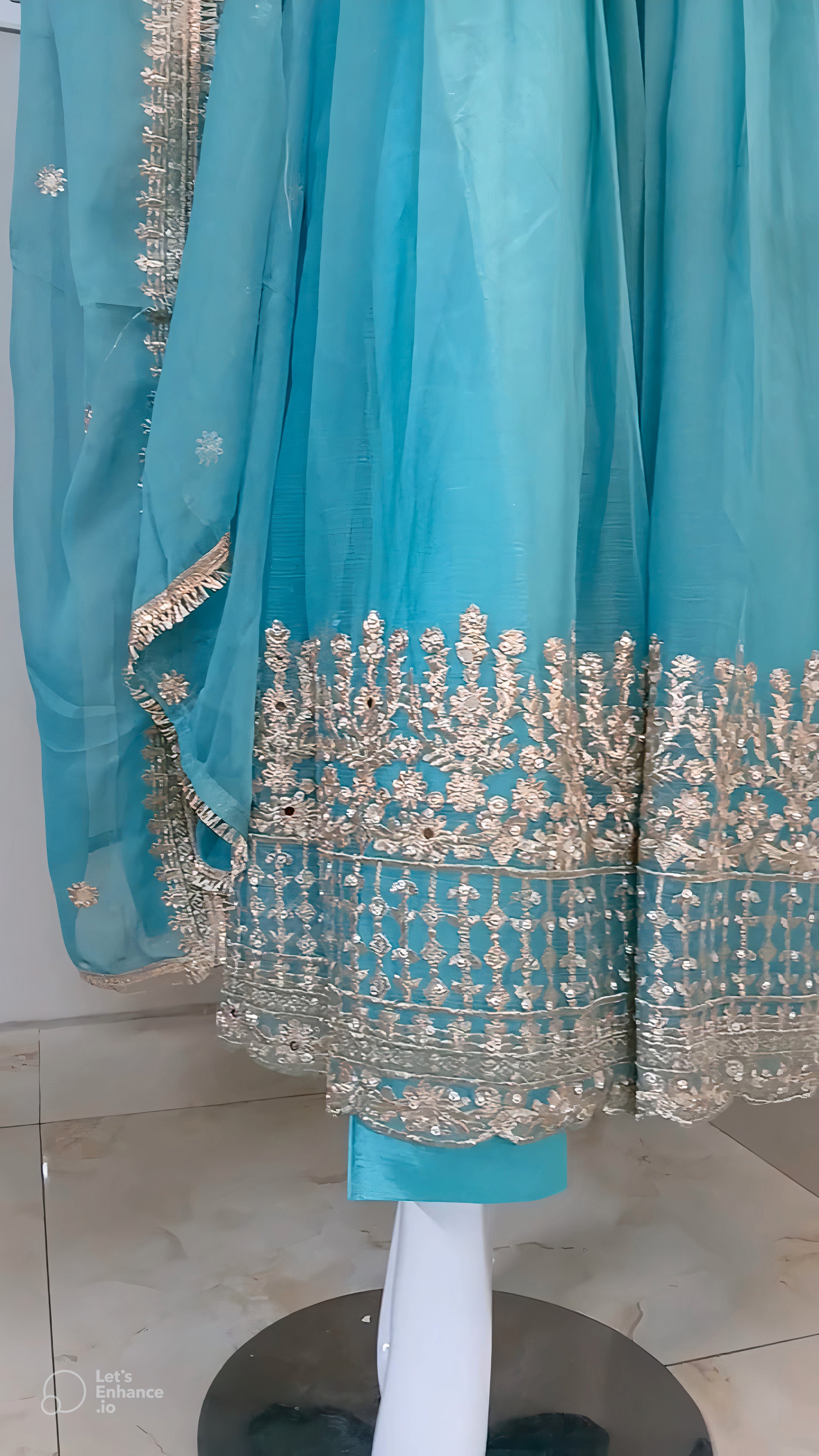 Embroidered Chiffon Stitched 3-Piece Suit Turquoise With Belt (FTMT3)