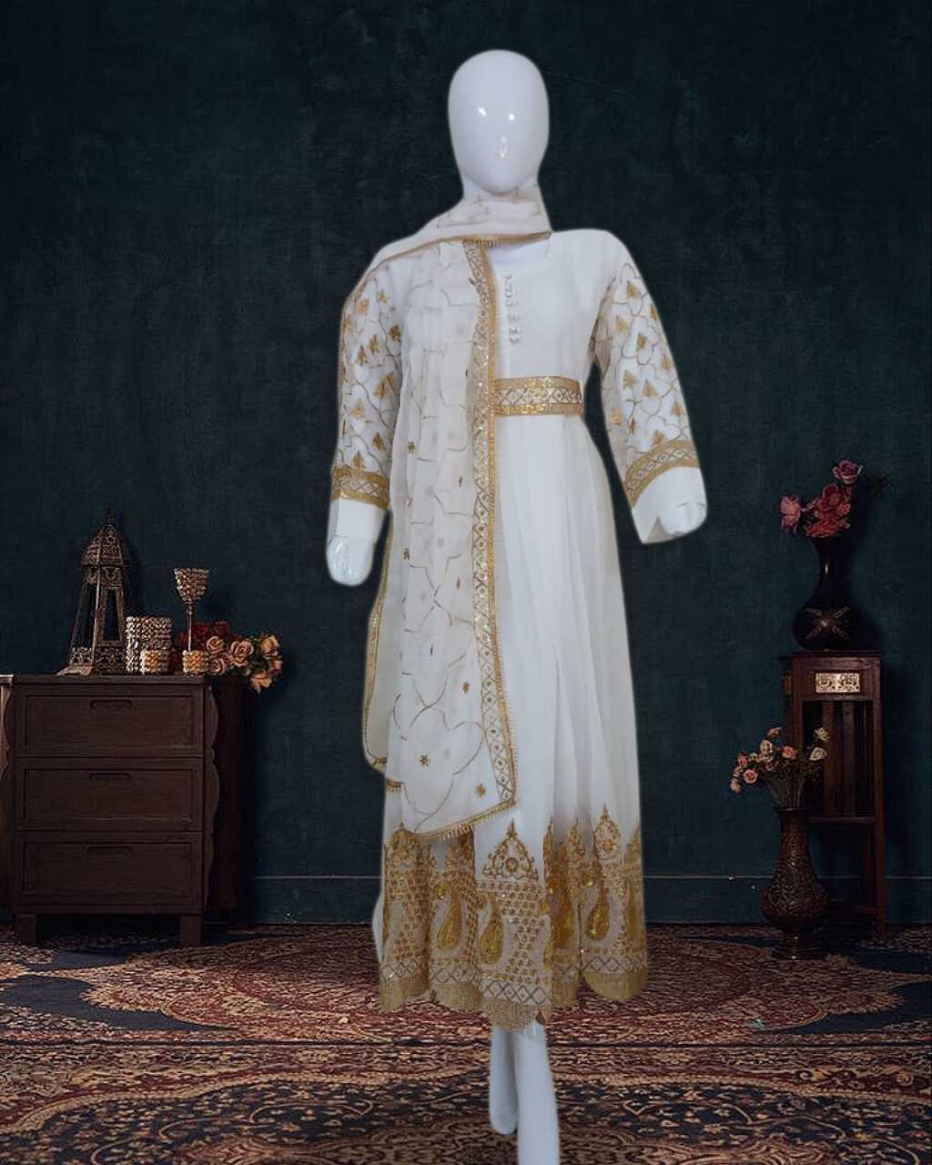 Embroidered Chiffon Stitched 3-Piece Suit White With Belt (FTSW3)