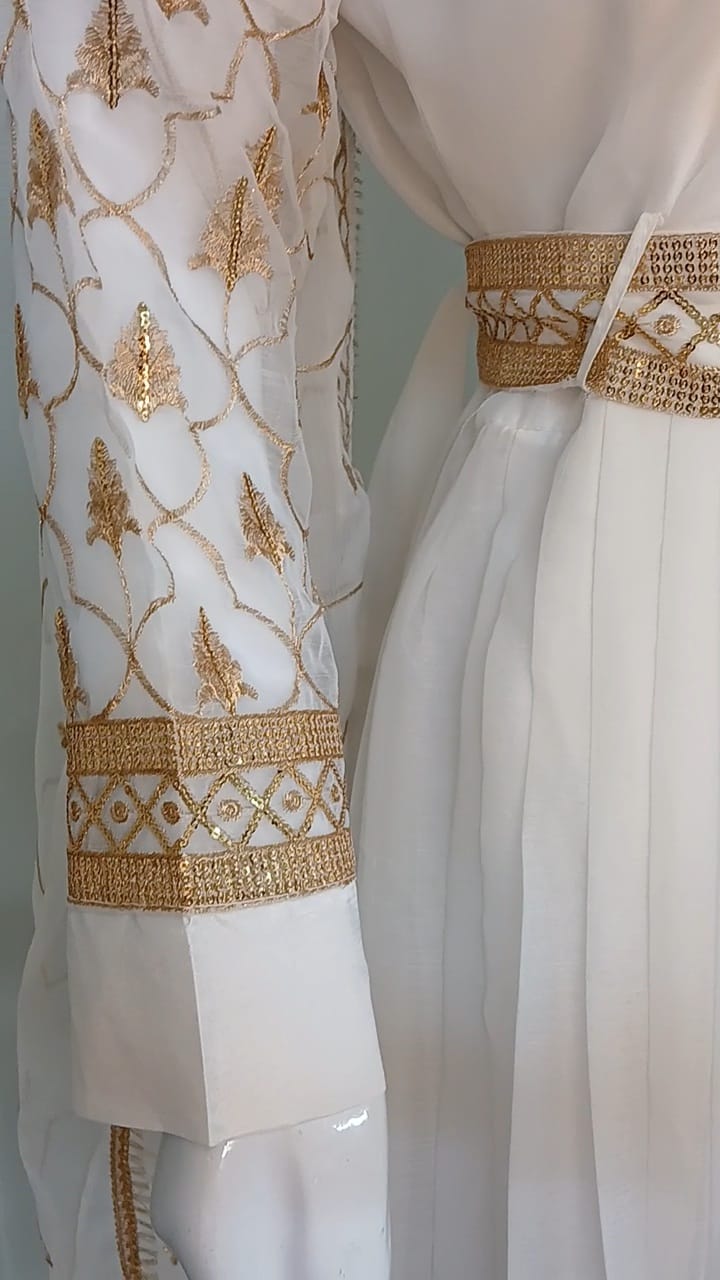 Embroidered Chiffon Stitched 3-Piece Suit White With Belt (FTSW3)