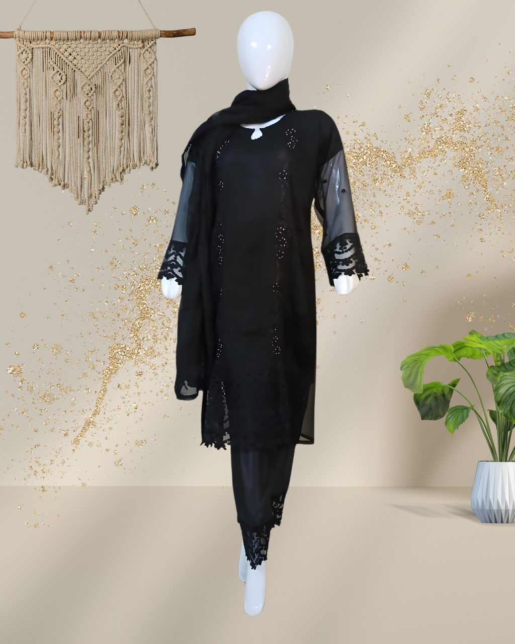 Self-Embroidered Chiffon Stitched 3-Piece Suit (TSEB4)