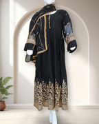 Embroidered Chiffon Stitched 3-Piece Suit (Black) – Tilla, Mirror & Moti Work (FTMY3)