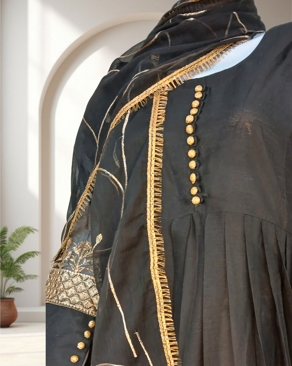 Embroidered Chiffon Stitched 3-Piece Suit Black (FTMB3)